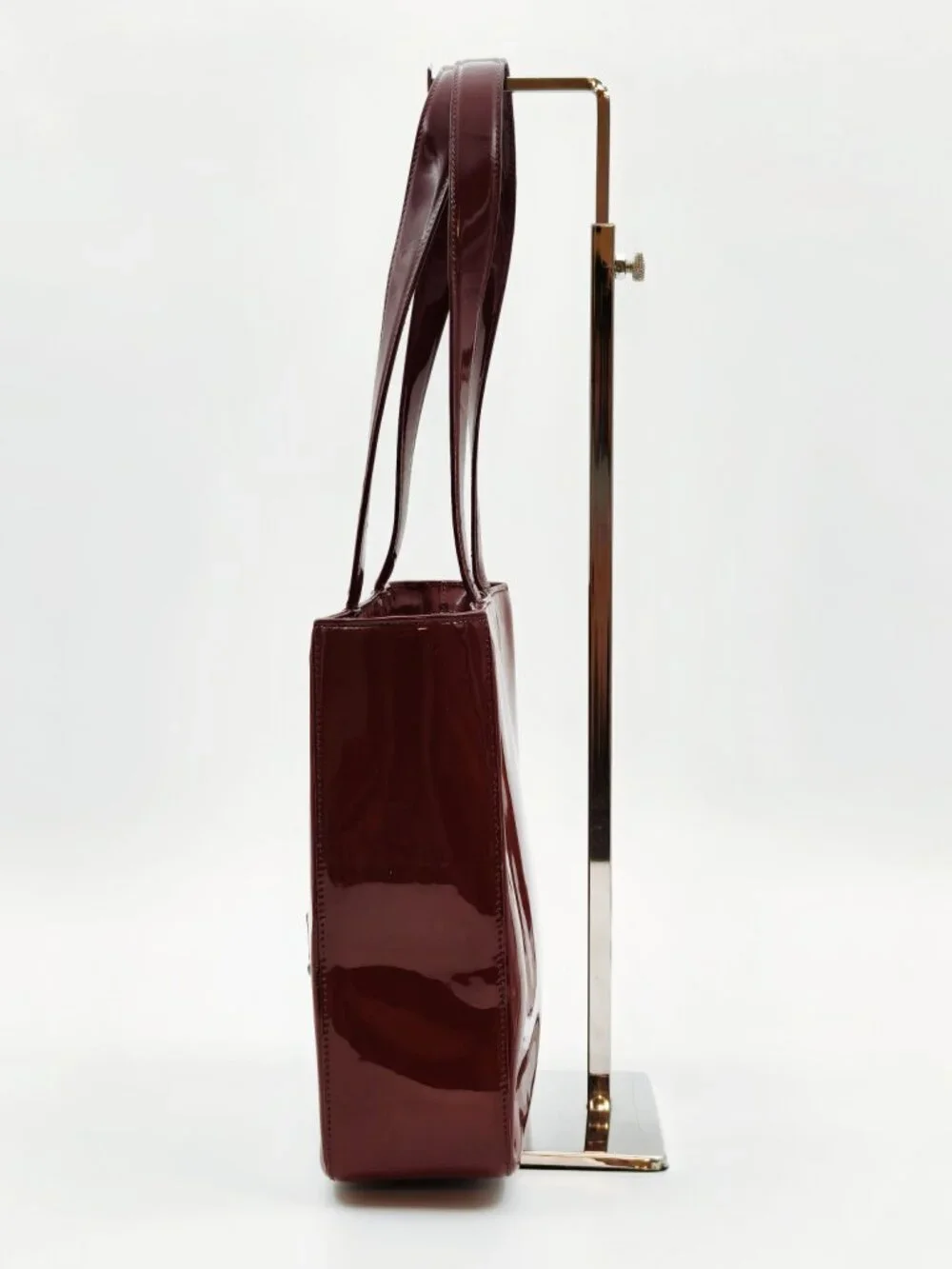 CHANEL Vintage Patent Leather Tote Bag Burgundy CC Logo Shoulder Bag Authentic